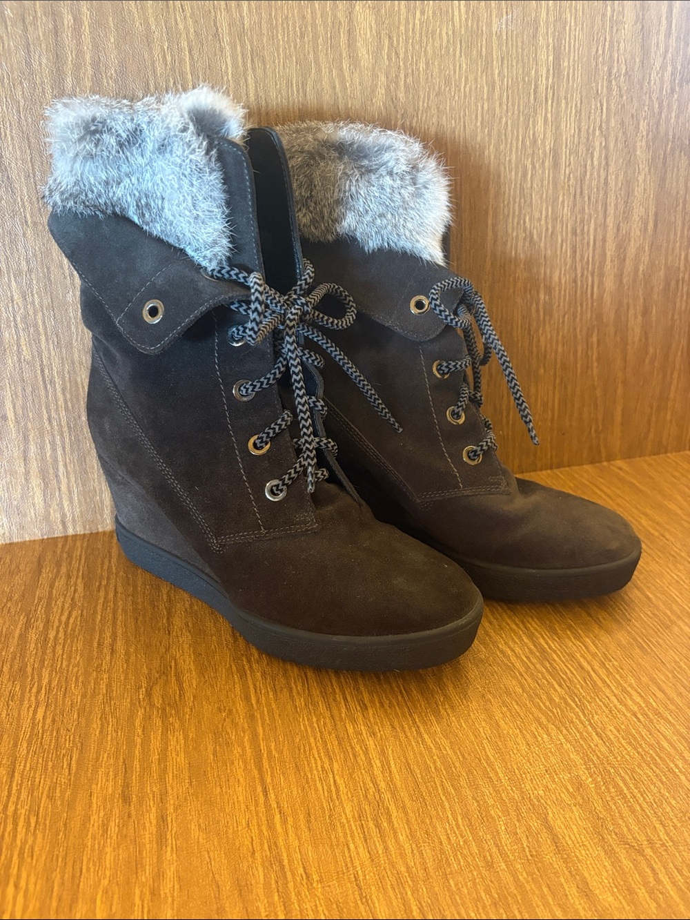 Aquatalia Dark Brown Suede Wedge Ankle Boots with Faux Fur Collar